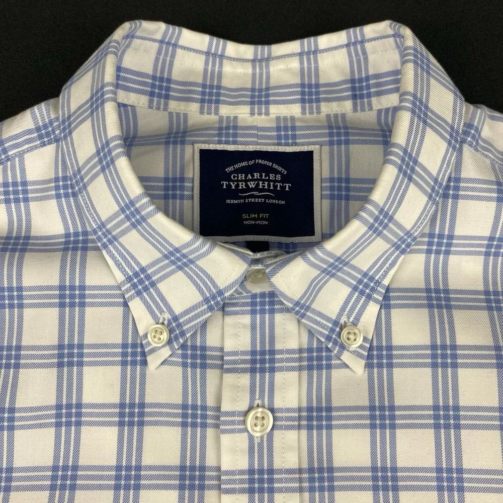 Charles Tyrwhitt Shirt Mens Large Blue/White Checks Slim Fit Non Iron